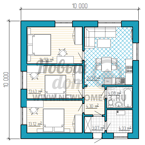 1-этажный коттедж до 100 квадратных метров с 3-мя спальными и общей комнатой