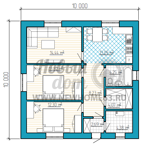 Одноэтажный коттедж 10 на 10 метров с двумя спальными комнатами и раздельными помещениями кухни и гостиной