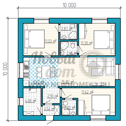 Одноэтажный дом площадью до 100 кв. м с тремя спальными комнатами с санузлами