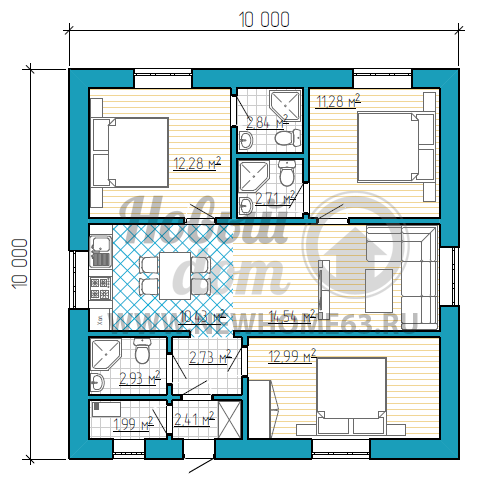 Одноэтажный дом площадью до 100 кв. м с тремя спальными  и общей кухней-гостиной