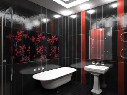 Красно-черная ванная комната из пластиковых панелей